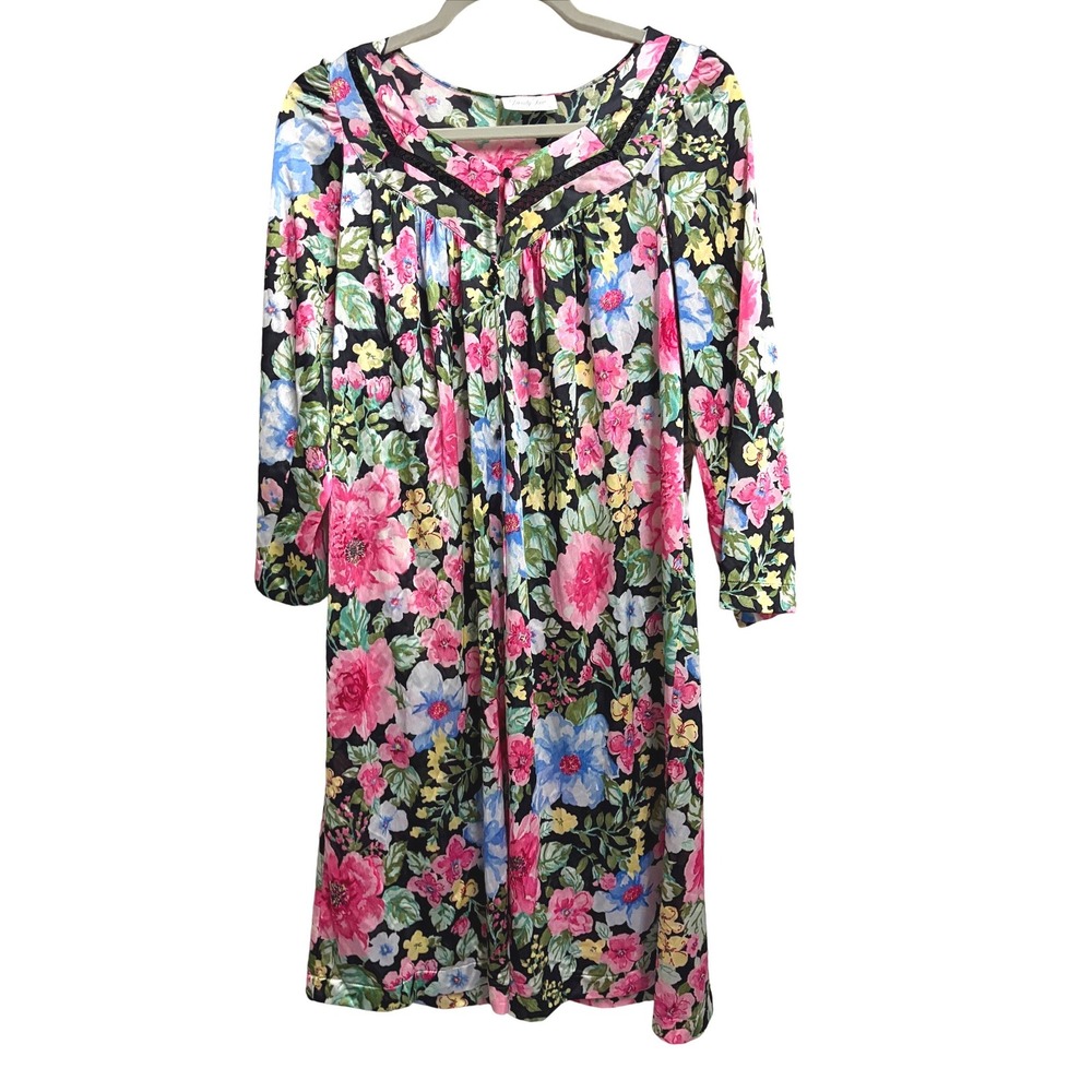 Vanity Fair Vintage Floral Cottagecore Black Nightgown Pockets Long Sleeve S
